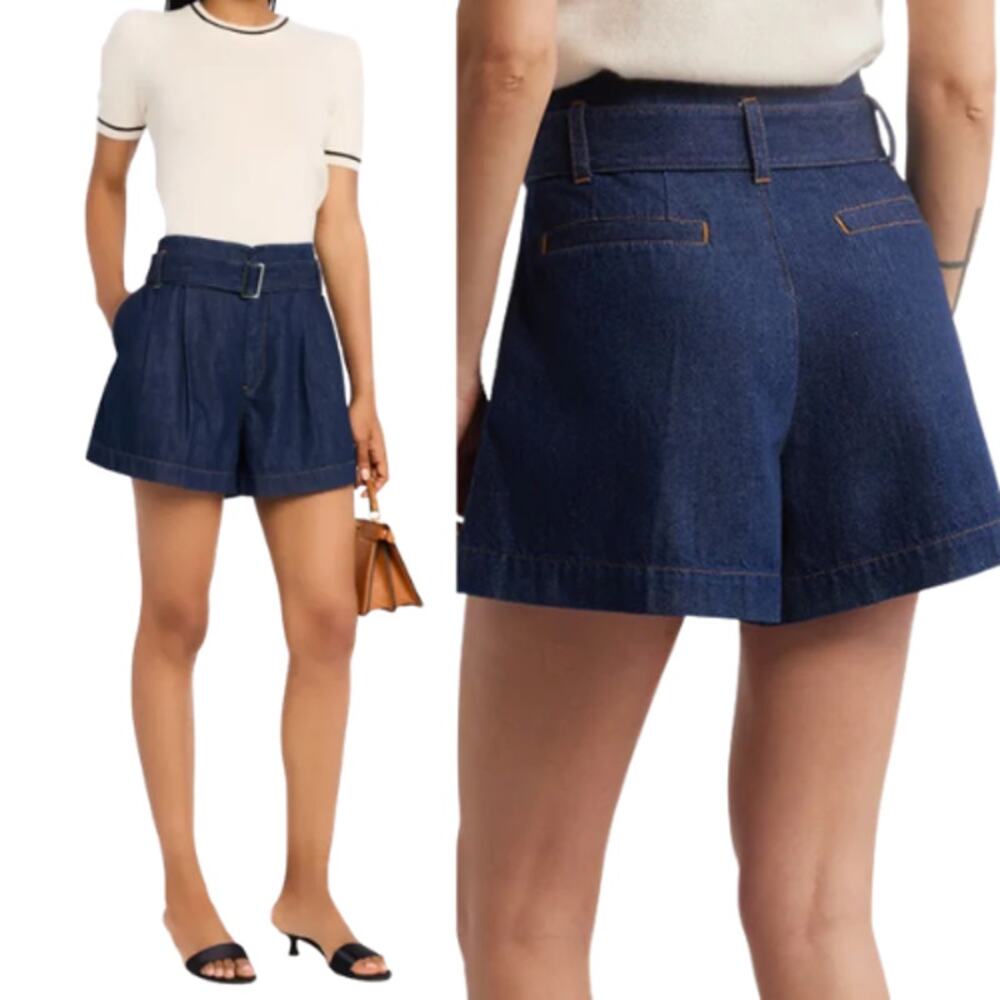 NEW Frame The Paper Bag Belted Pleated High Rise Denim Short Blue Size: 28